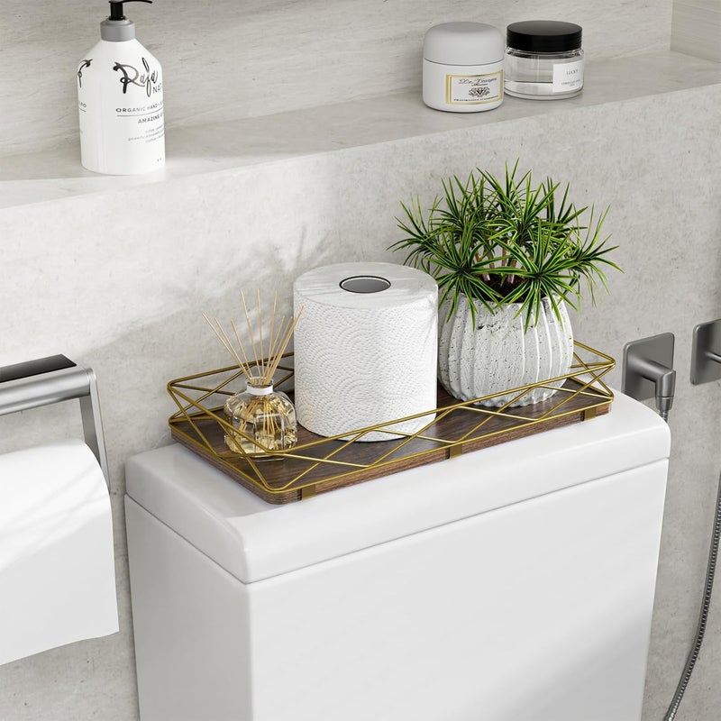 Lixple Toilet Paper Basket Holder, 13" Bathroom Tray Countertop, Wood and Metal Toilet Tank Tray Bathroom Vanity Organizer for Toiletry, Kitchen Sink Organizer for Soap Dispenser (Brown+Gold) - Image 3